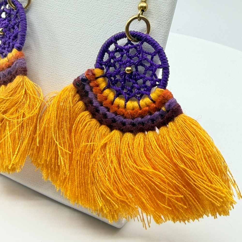 VTG Boho Dreamcatcher Tassel Dangle Earrings - Yellow & Purple Chic - Picture 5 of 10